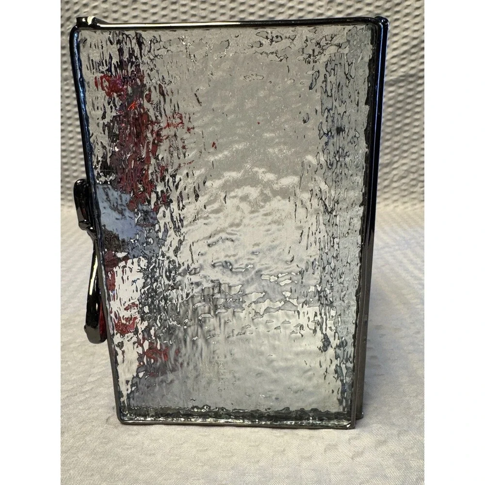 Stained Rectangle Glass and‎ Metal Cardinal Candle Holder Holly Berry Red Bird